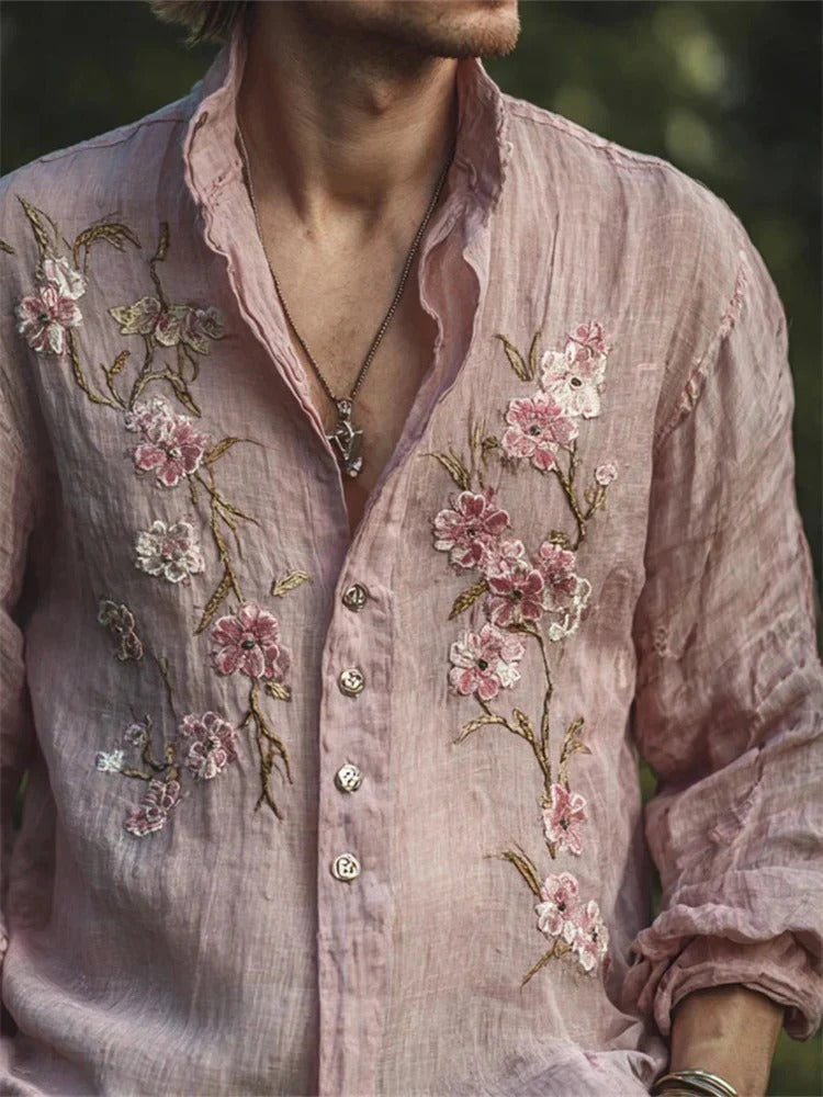 Utrends™ Sakura Blossom Vintage Shirt – Japanese Floral Embroidered Linen Button-Up (Soft Rose Pink)