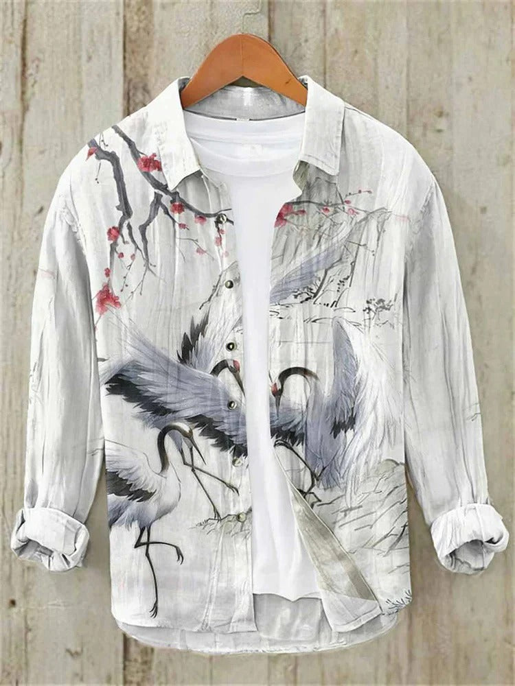 Utrends™ Crane Landscape Art Shirt – Japanese Ink Style Linen Button-Up (White Grey)