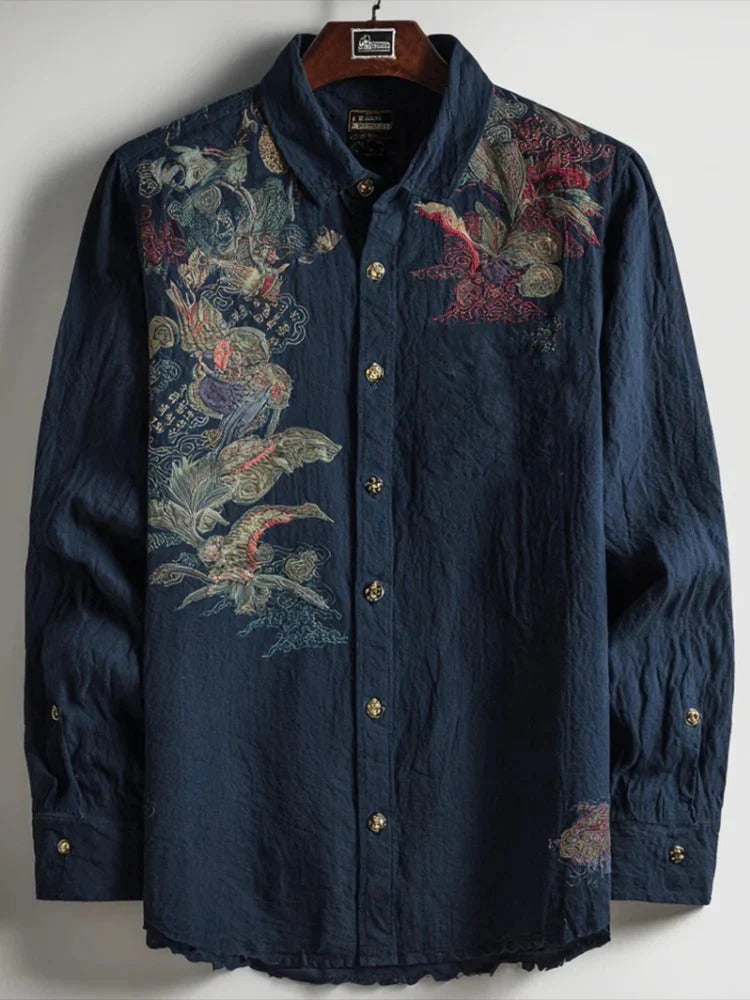 Utrends™ Vintage Dragon Art Shirt – Premium Japanese Embroidered Linen Button-Up (Midnight Navy)