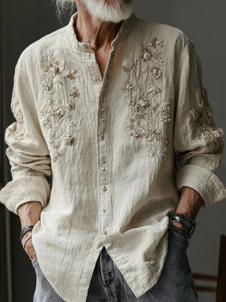 Utrends™ Minimal Floral Embroidered Kurta Shirt – Premium Linen Vintage Button-Up (Beige Cream)