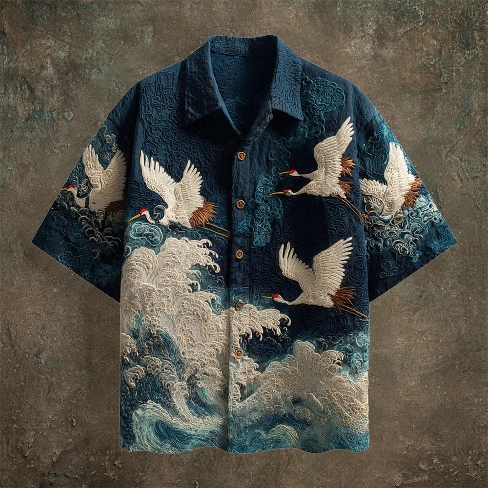 Utrends™ Japanese Crane Wave Art Shirt – Premium Embroidered Ocean Print Button-Up (Black)