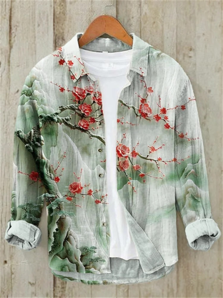Utrends™ Sakura Landscape Shirt – Japanese Mountain Blossom Linen Button-Up (Green White)