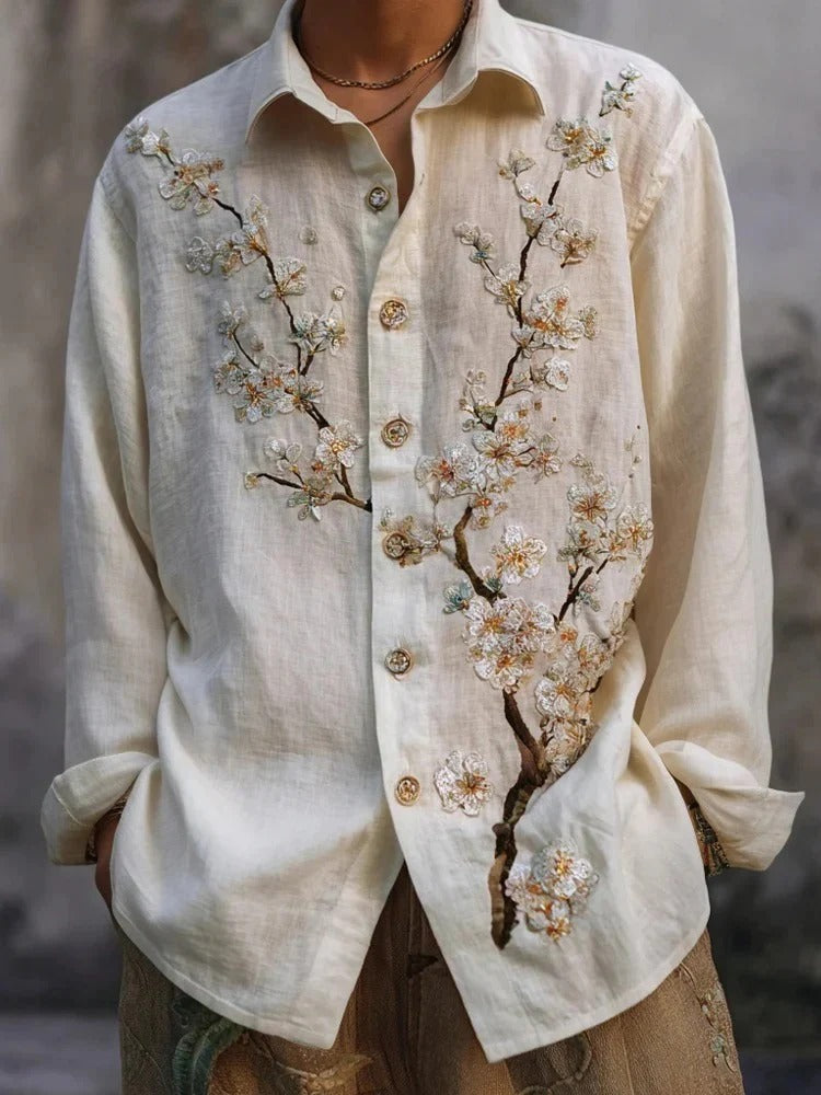 Utrends™ Sakura Blossom Embroidered Shirt – Premium Japanese Floral Linen Button-Up (Cream White)