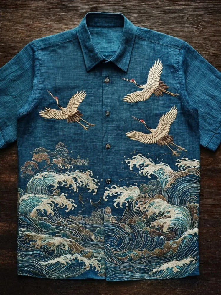 Utrends™ Crane Wave Ocean Shirt – Premium Japanese Art Linen Button-Up (Deep Blue)