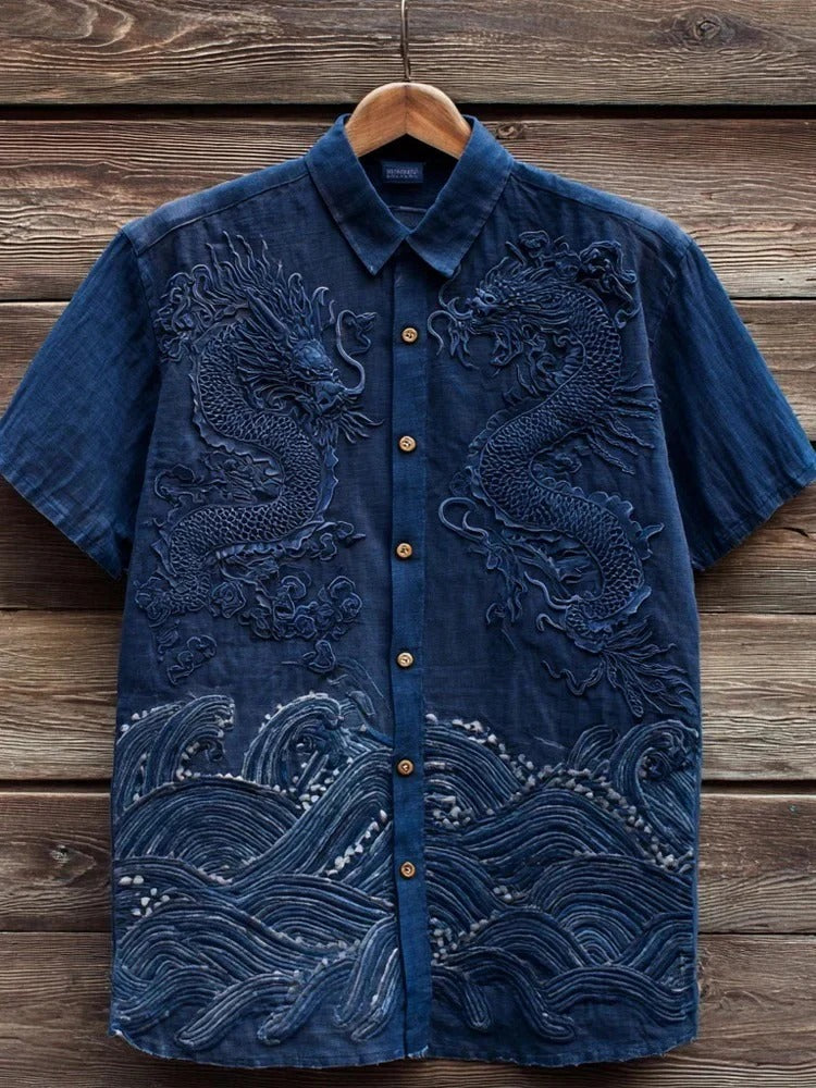 Utrends™ Dragon Wave Embroidered Shirt – Premium Japanese Ocean Art Linen Button-Up (Navy Blue)