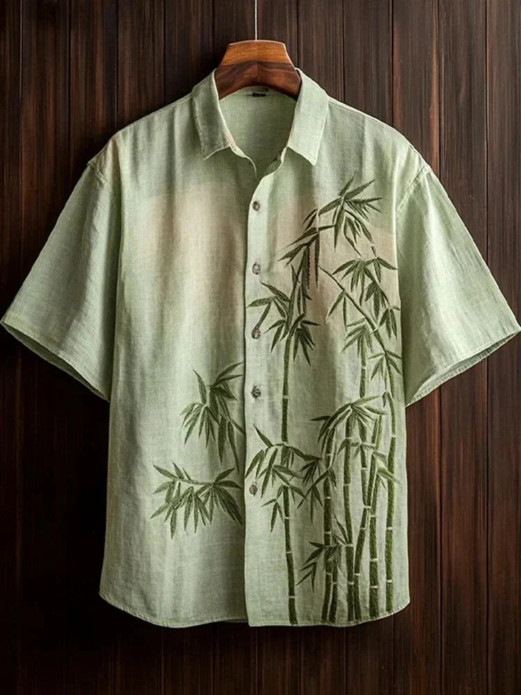 Utrends™ Bamboo Zen Linen Shirt – Minimalist Japanese Nature Art Button-Up (Light Green)