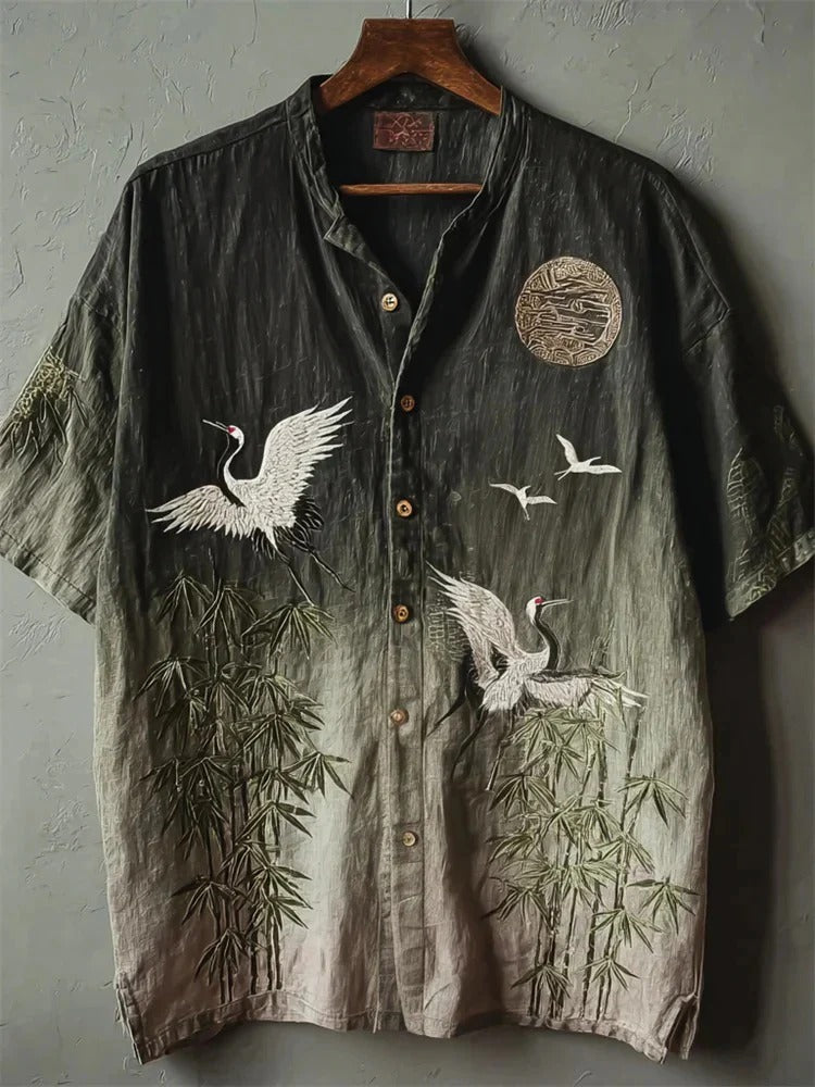 Utrends™ Crane Bamboo Gradient Shirt – Vintage Japanese Zen Art Linen Button-Up (Black Beige)