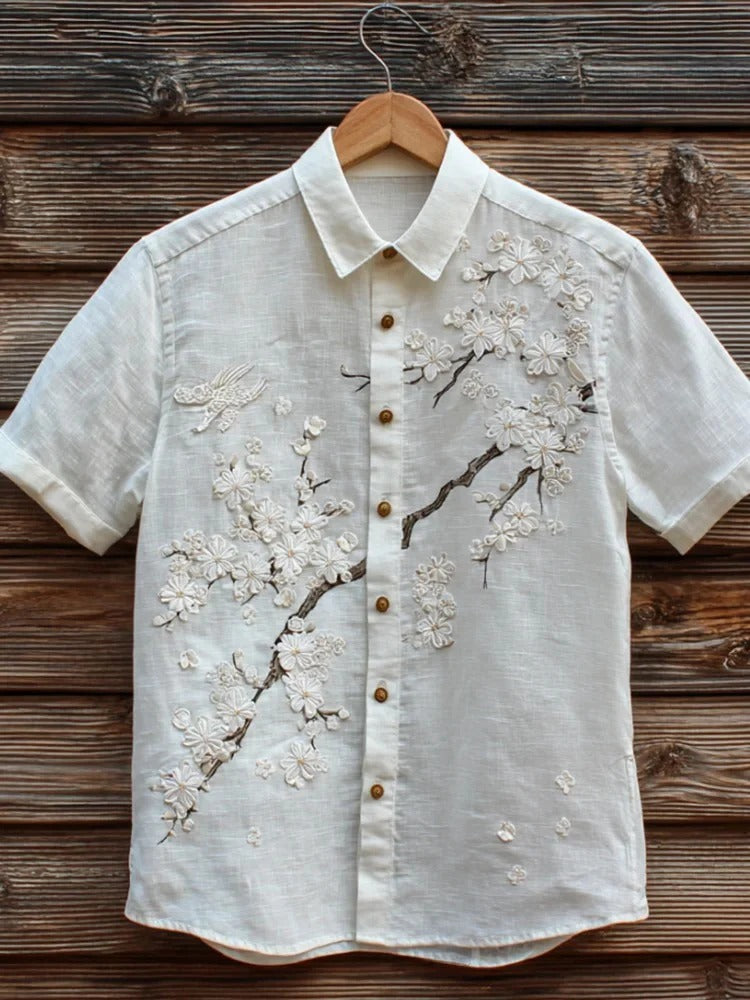 Utrends™ White Blossom Embroidered Shirt – Premium Japanese Sakura Linen Button-Up (Pure White)