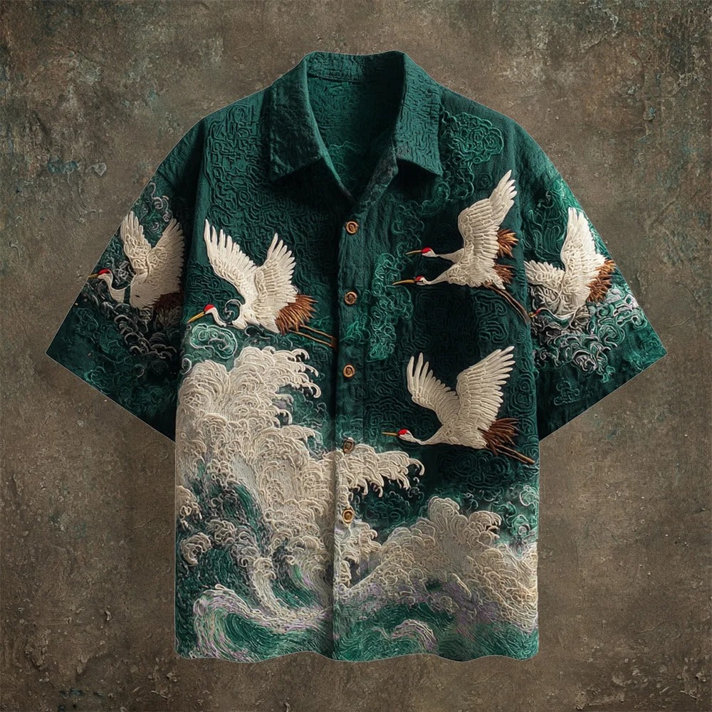 Utrends™ Japanese Crane Wave Art Shirt – Premium Embroidered Ocean Print Button-Up (Black)
