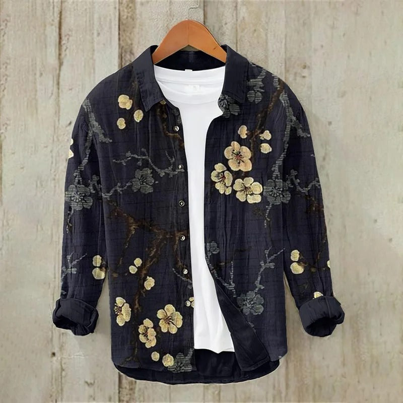 Utrends™ Midnight Sakura Shirt – Japanese Floral Linen Button-Up (Black Gold)