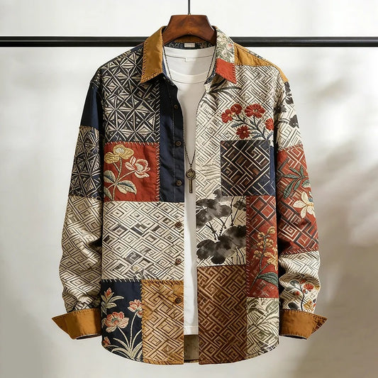 Utrends™ Patchwork Art Shirt – Vintage Japanese Geometric Floral Button-Up (Multicolor)