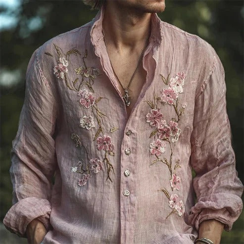 Utrends™ Sakura Blossom Vintage Shirt – Japanese Floral Embroidered Linen Button-Up (Soft Rose Pink)