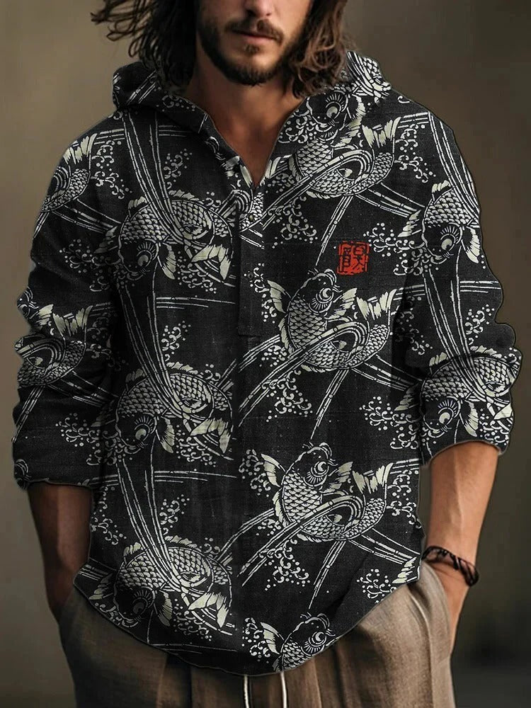 Utrends™ Koi Fish Hoodie Shirt – Japanese Art Linen Pullover (Navy Blue)