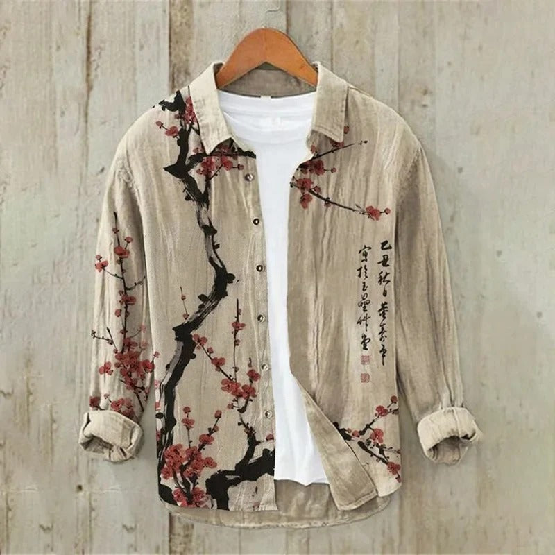 Utrends™ Sakura Blossom Shirt – Japanese Floral Art Linen Button-Up (Beige Red)