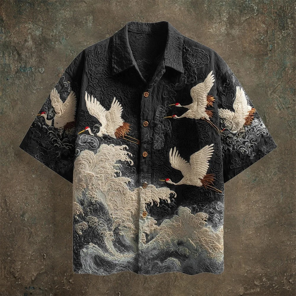 Utrends™ Japanese Crane Wave Art Shirt – Premium Embroidered Ocean Print Button-Up (Black)