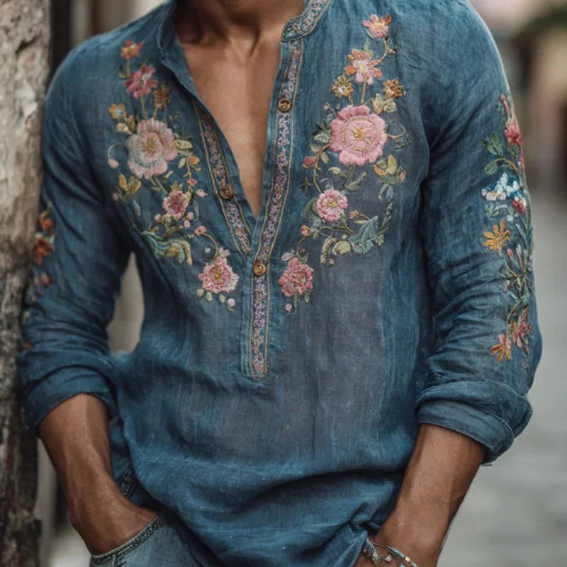 Utrends™ Floral Embroidered Kurta Shirt – Vintage Boho Linen Pullover (Teal Blue)