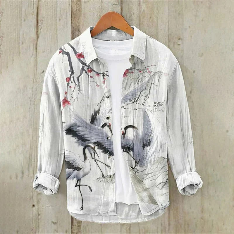 Utrends™ Crane Landscape Art Shirt – Japanese Ink Style Linen Button-Up (White Grey)