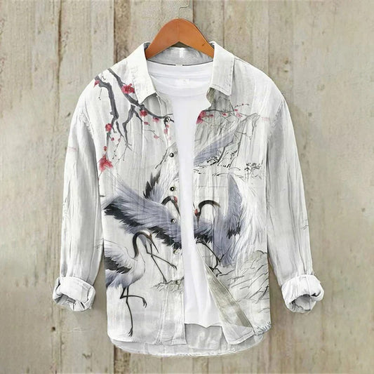 Utrends™ Crane Landscape Art Shirt – Japanese Ink Style Linen Button-Up (White Grey)
