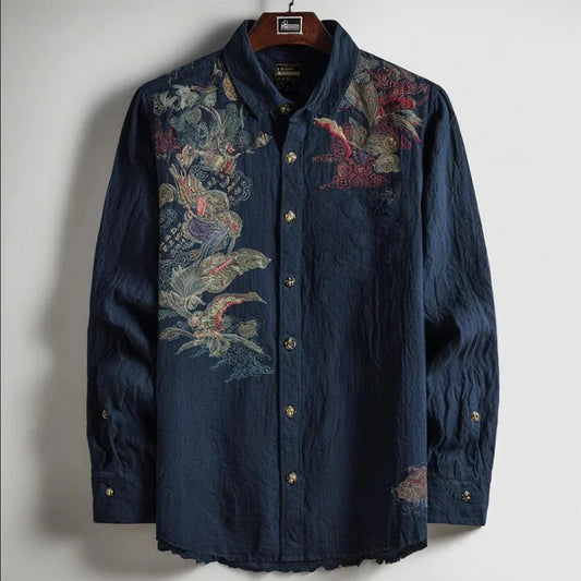 Utrends™ Vintage Dragon Art Shirt – Premium Japanese Embroidered Linen Button-Up (Midnight Navy)