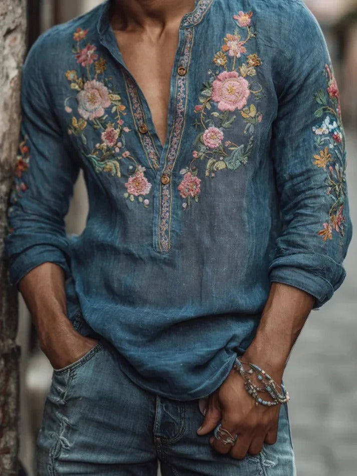Utrends™ Floral Embroidered Kurta Shirt – Vintage Boho Linen Pullover (Teal Blue)