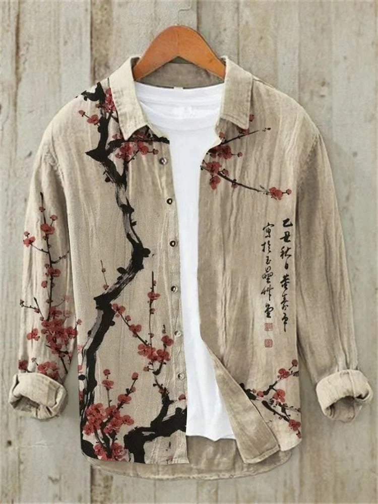 Utrends™ Sakura Blossom Shirt – Japanese Floral Art Linen Button-Up (Beige Red)
