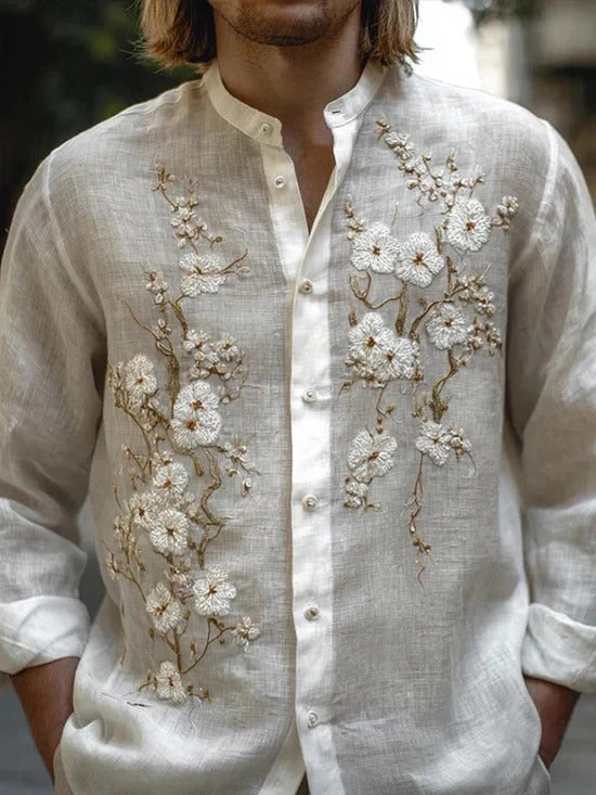 Utrends™ White Blossom Embroidered Kurta Shirt – Premium Japanese Floral Linen Button-Up (Ivory White)