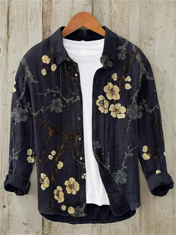 Utrends™ Midnight Sakura Shirt – Japanese Floral Linen Button-Up (Black Gold)