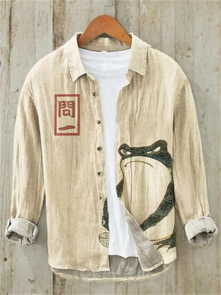 Utrends™ Zen Frog Art Shirt – Japanese Minimal Linen Button-Up (Beige Vintage)