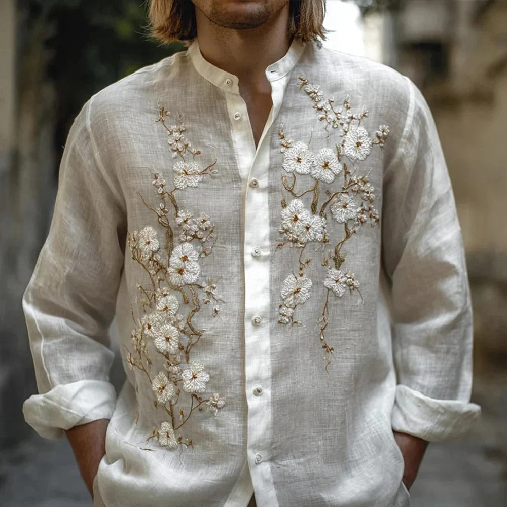 Utrends™ White Blossom Embroidered Kurta Shirt – Premium Japanese Floral Linen Button-Up (Ivory White)