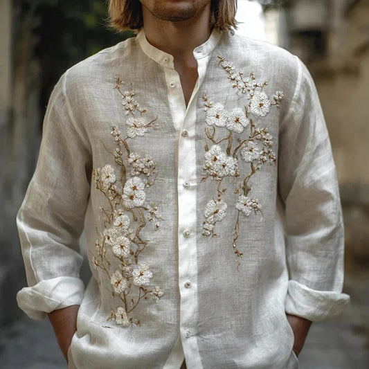 Utrends™ White Blossom Embroidered Kurta Shirt – Premium Japanese Floral Linen Button-Up (Ivory White)