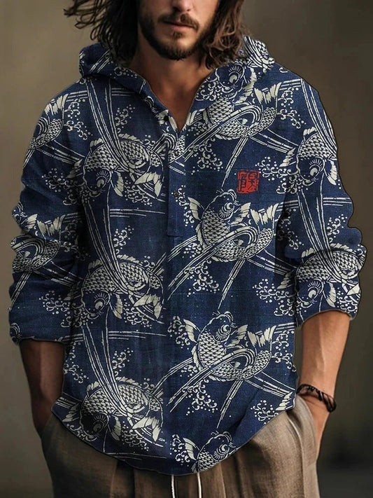 Utrends™ Koi Fish Hoodie Shirt – Japanese Art Linen Pullover (Navy Blue)
