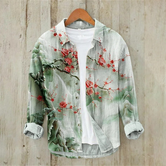 Utrends™ Sakura Landscape Shirt – Japanese Mountain Blossom Linen Button-Up (Green White)