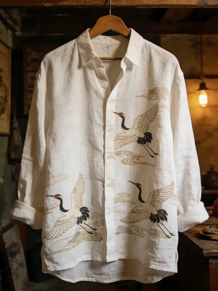 Utrends™ Crane Harmony Shirt – Japanese Minimalist Linen Button-Up (White Gold)