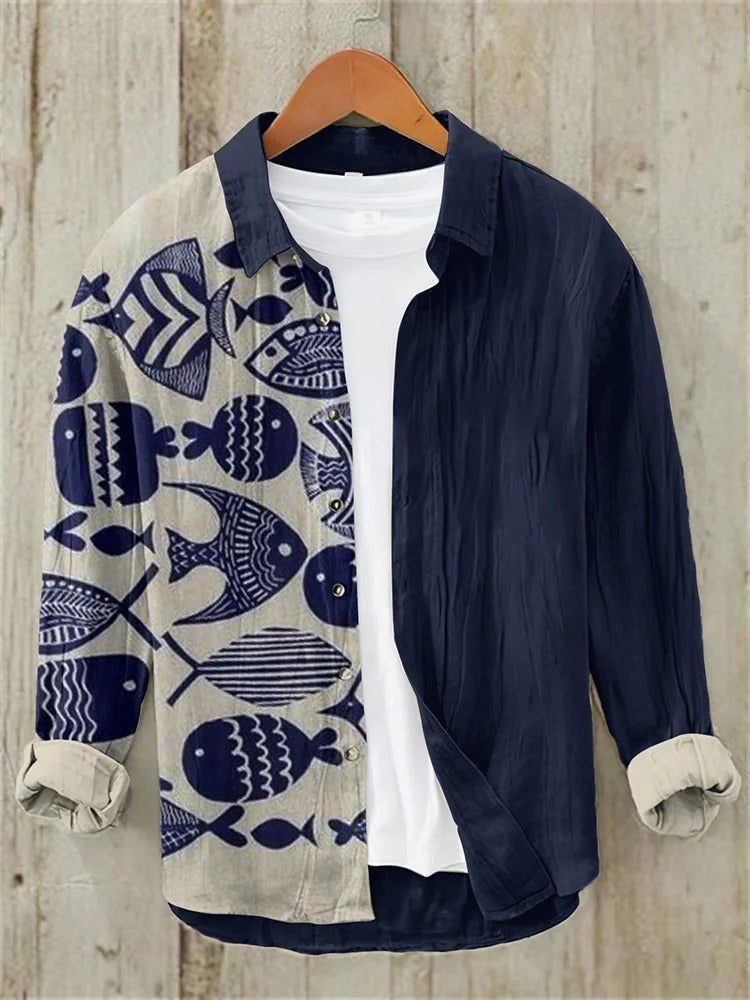 Utrends™ Fish Pattern Split Shirt – Japanese Coastal Linen Button-Up (Navy Beige)