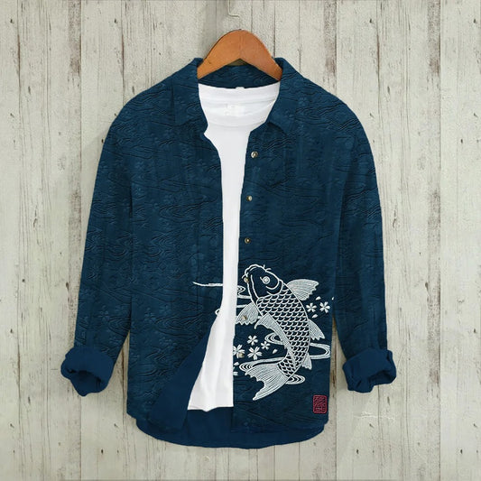 Utrends™ Koi Fish Embroidered Shirt – Japanese Ocean Art Linen Button-Up (Deep Blue)