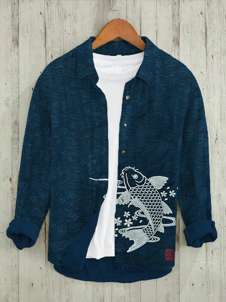 Utrends™ Koi Fish Embroidered Shirt – Japanese Ocean Art Linen Button-Up (Deep Blue)