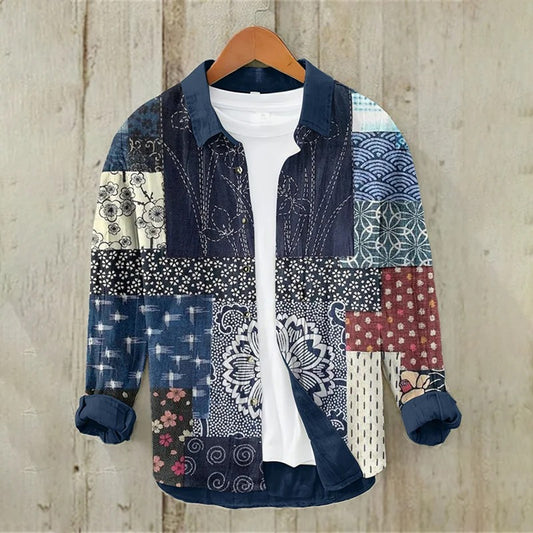 Utrends™ Indigo Patchwork Shirt – Japanese Vintage Textile Linen Button-Up (Blue Multicolor)