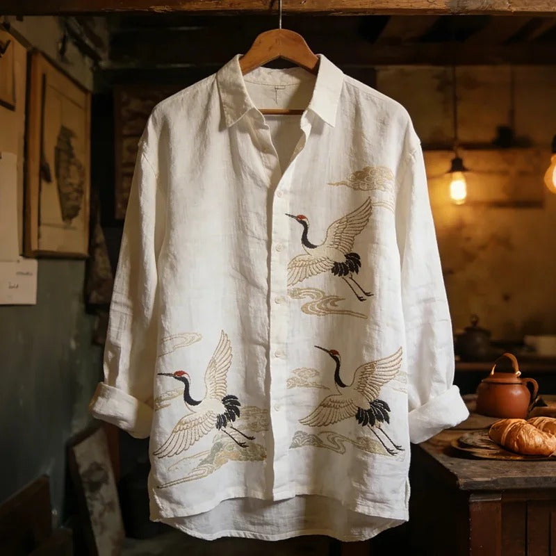 Utrends™ Crane Harmony Shirt – Japanese Minimalist Linen Button-Up (White Gold)
