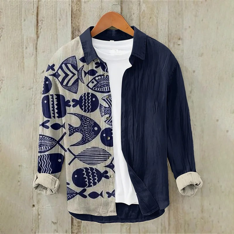 Utrends™ Fish Pattern Split Shirt – Japanese Coastal Linen Button-Up (Navy Beige)