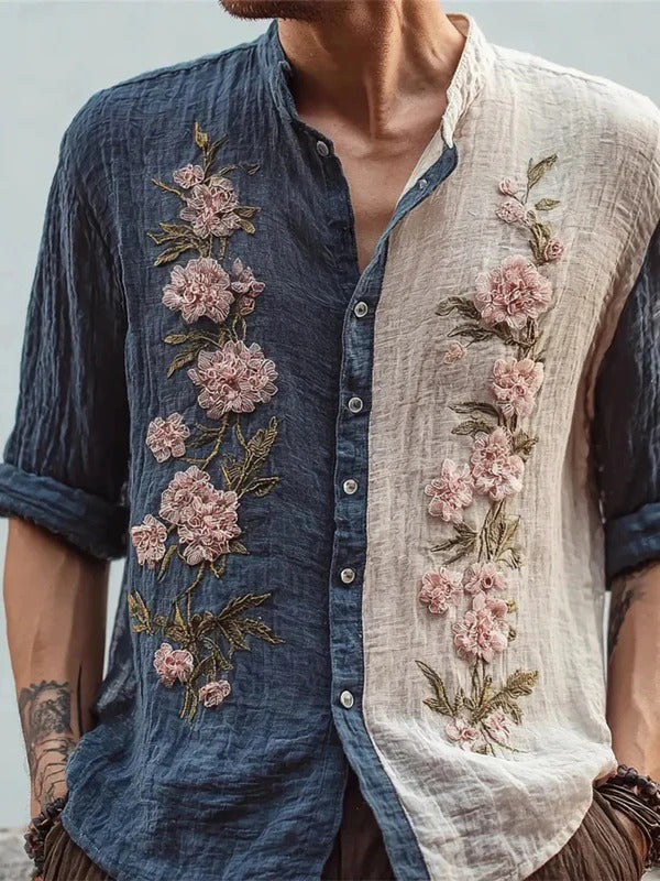 Utrends™ Floral Split Embroidered Shirt – Vintage Japanese Blossom Linen Button-Up (Blue Beige)