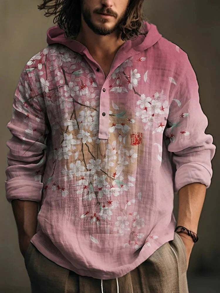 Utrends™ Sakura Blossom Hoodie Shirt – Japanese Floral Art Linen Pullover (Soft Pink)