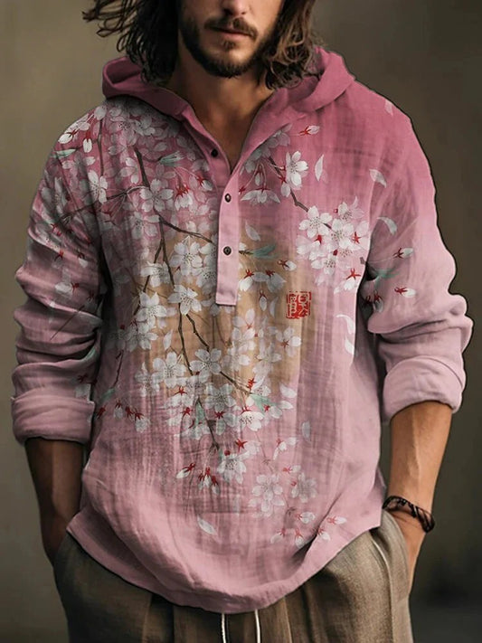 Utrends™ Sakura Blossom Hoodie Shirt – Japanese Floral Art Linen Pullover (Soft Pink)