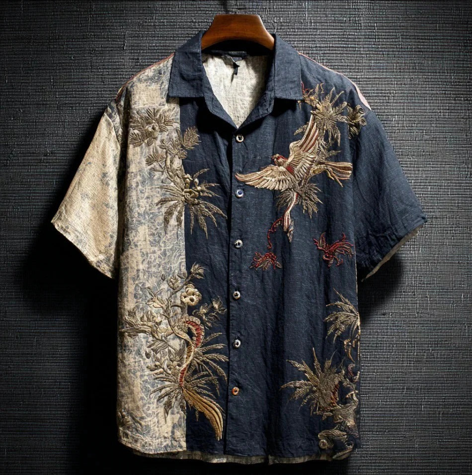 Utrends™ Vintage Crane Patchwork Shirt – Premium Japanese Phoenix Art Button-Up Streetwear