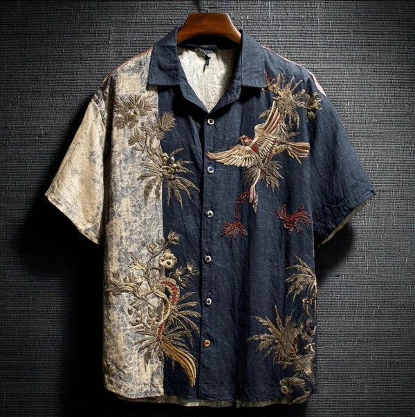 Utrends™ Vintage Crane Patchwork Shirt – Premium Japanese Phoenix Art Button-Up Streetwear