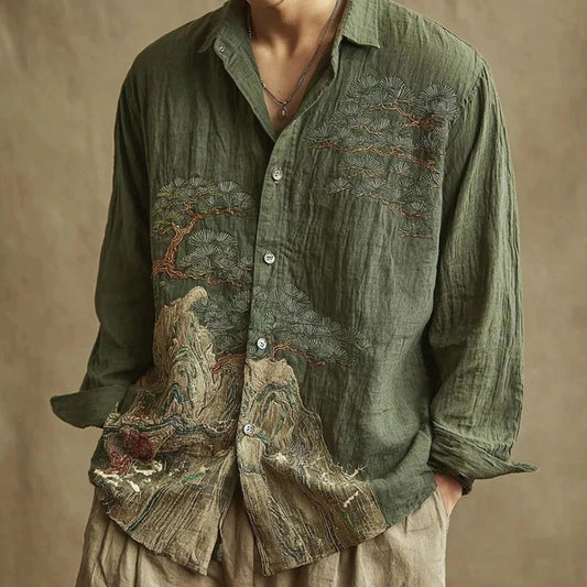 Utrends™ Vintage Mountain Pine Embroidered Shirt – Japanese Nature Art Linen Button-Up (Olive Green)