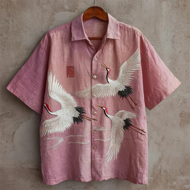 Utrends™ Pink Crane Embroidered Shirt – Premium Japanese Art Linen Button-Up (Soft Pink)