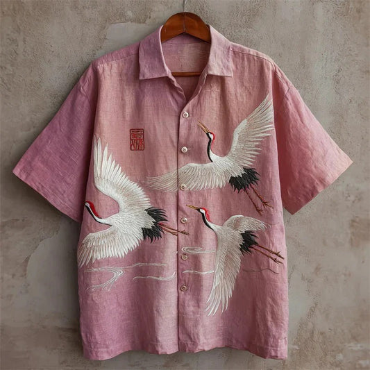 Utrends™ Pink Crane Embroidered Shirt – Premium Japanese Art Linen Button-Up (Soft Pink)