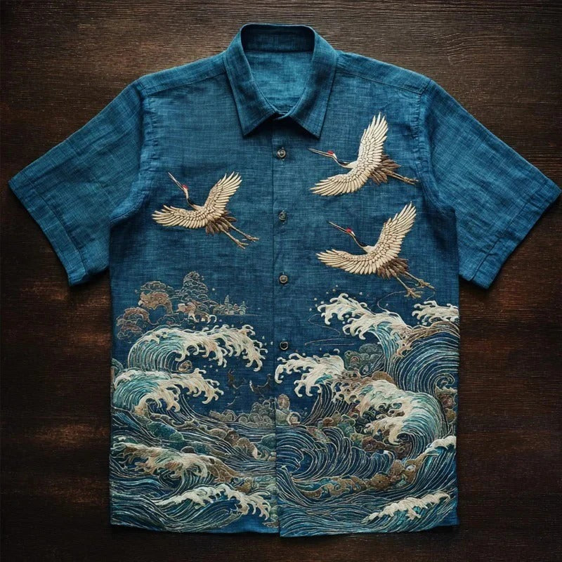 Utrends™ Crane Wave Ocean Shirt – Premium Japanese Art Linen Button-Up (Deep Blue)