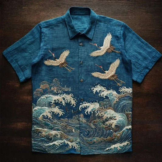Utrends™ Crane Wave Ocean Shirt – Premium Japanese Art Linen Button-Up (Deep Blue)