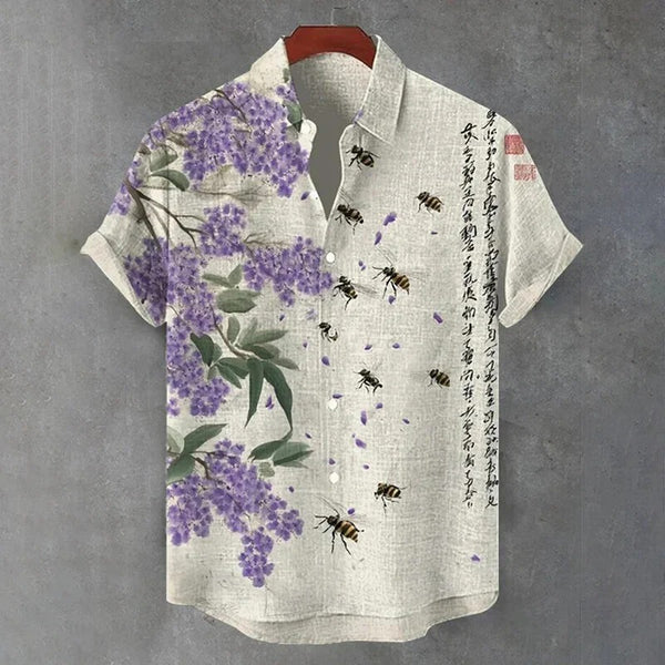 Utrends™ Floral Bee Art Linen Shirt – Vintage Japanese Blossom Print Button-Up (Cream White)